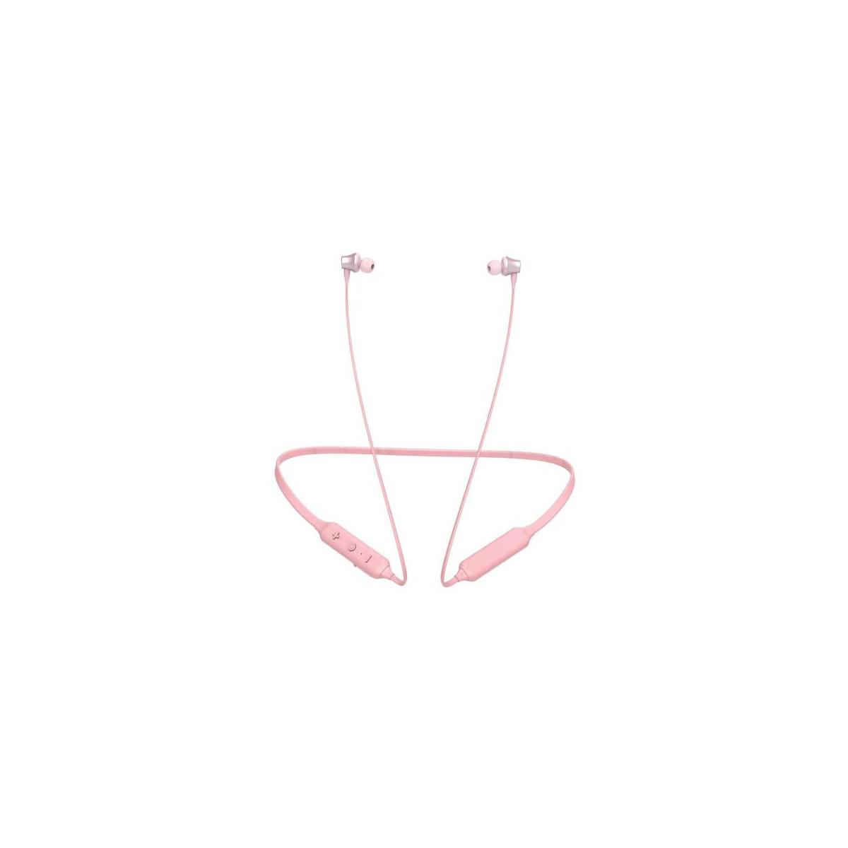 Auricolari da collo rosa con auricolari e pannello di controllo.