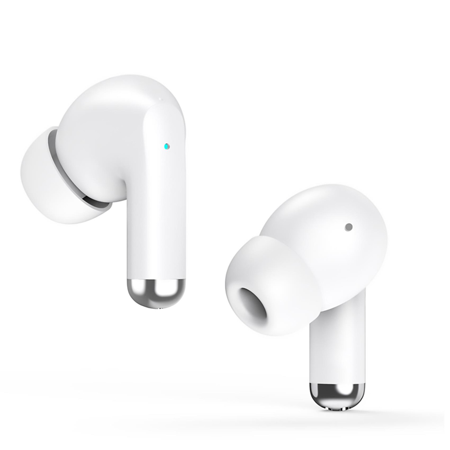 Due auricolari wireless bianchi con accenti argentati su sfondo bianco.