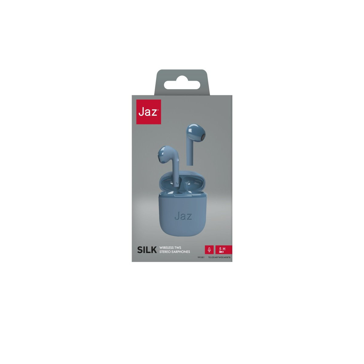 Confezione di cuffie Jaz blu con custodia di ricarica e due auricolari.