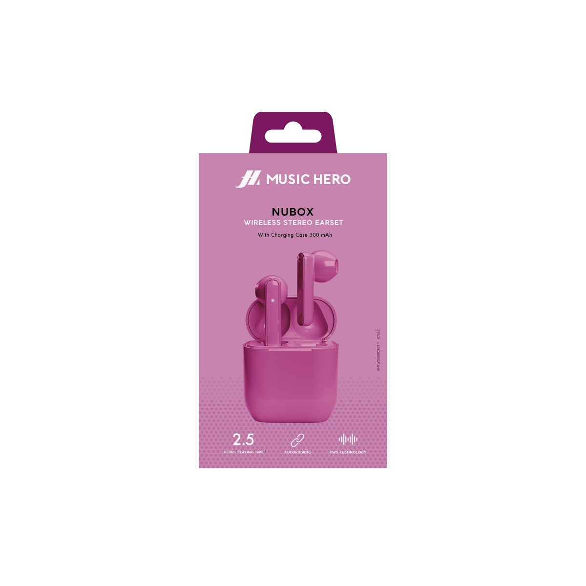 Verpackung mit einem Paar pinker NUBX kabelloser Stereo-Ohrhörer mit Ladecase.