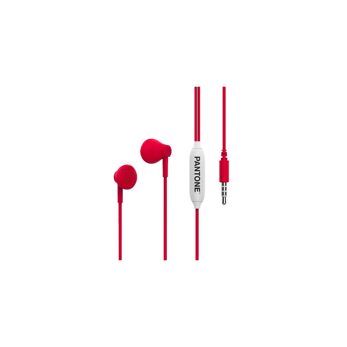 Auricolari rossi con logo Pantone e jack da 3,5 mm su sfondo bianco.