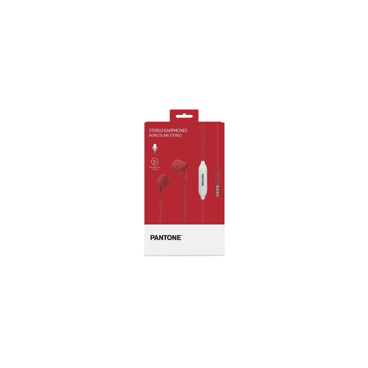 Auricolari stereo Pantone rossi con microfono e telecomando su confezione rossa.