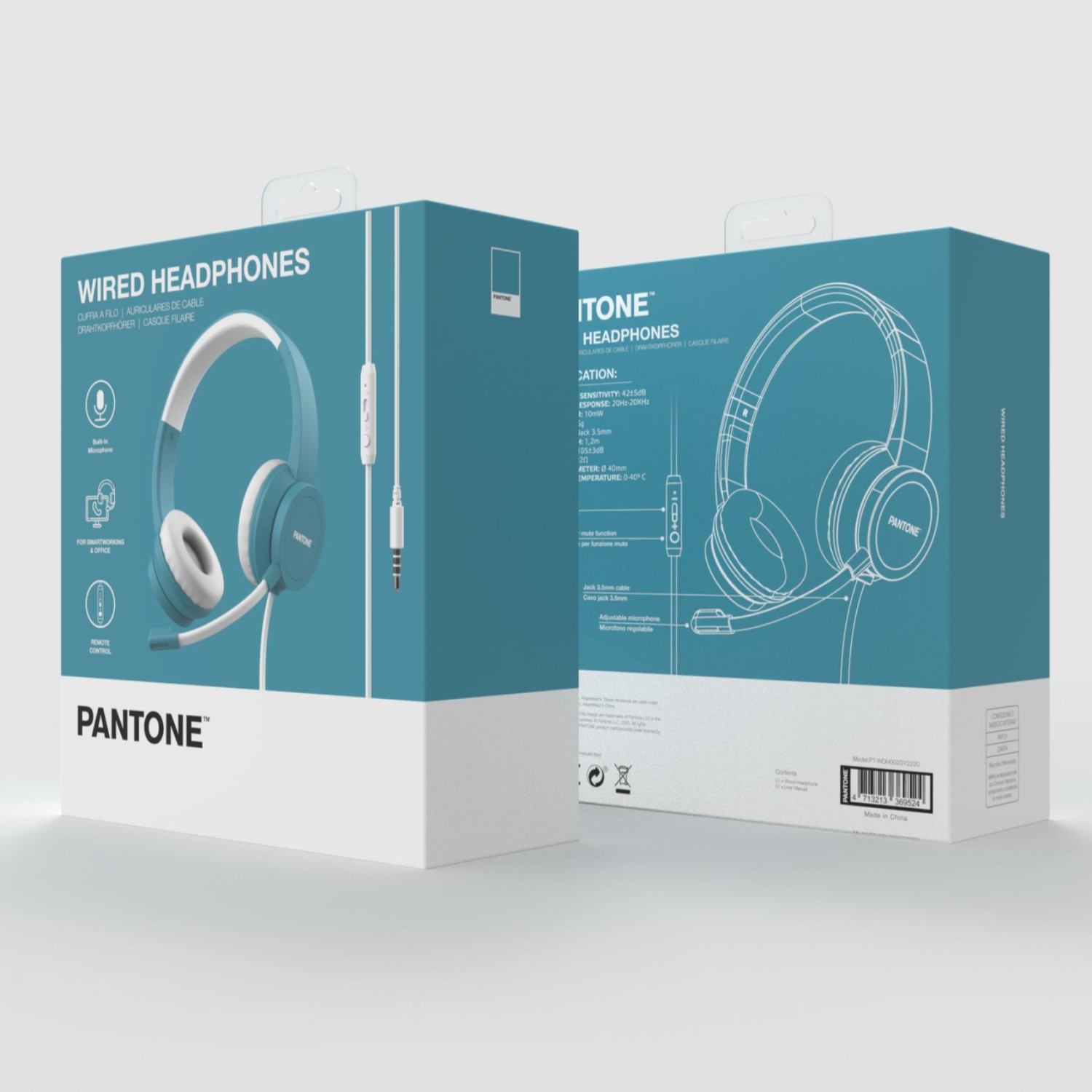 Embalaje de auriculares Pantone azules con micrófono, mostrando detalles técnicos.