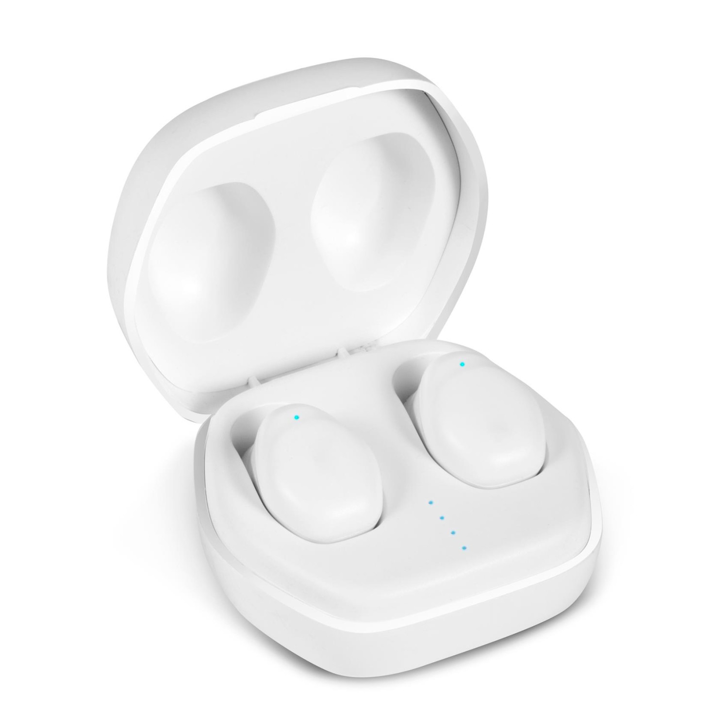 Auricolari wireless bianchi in un case di ricarica aperto con spie blu.