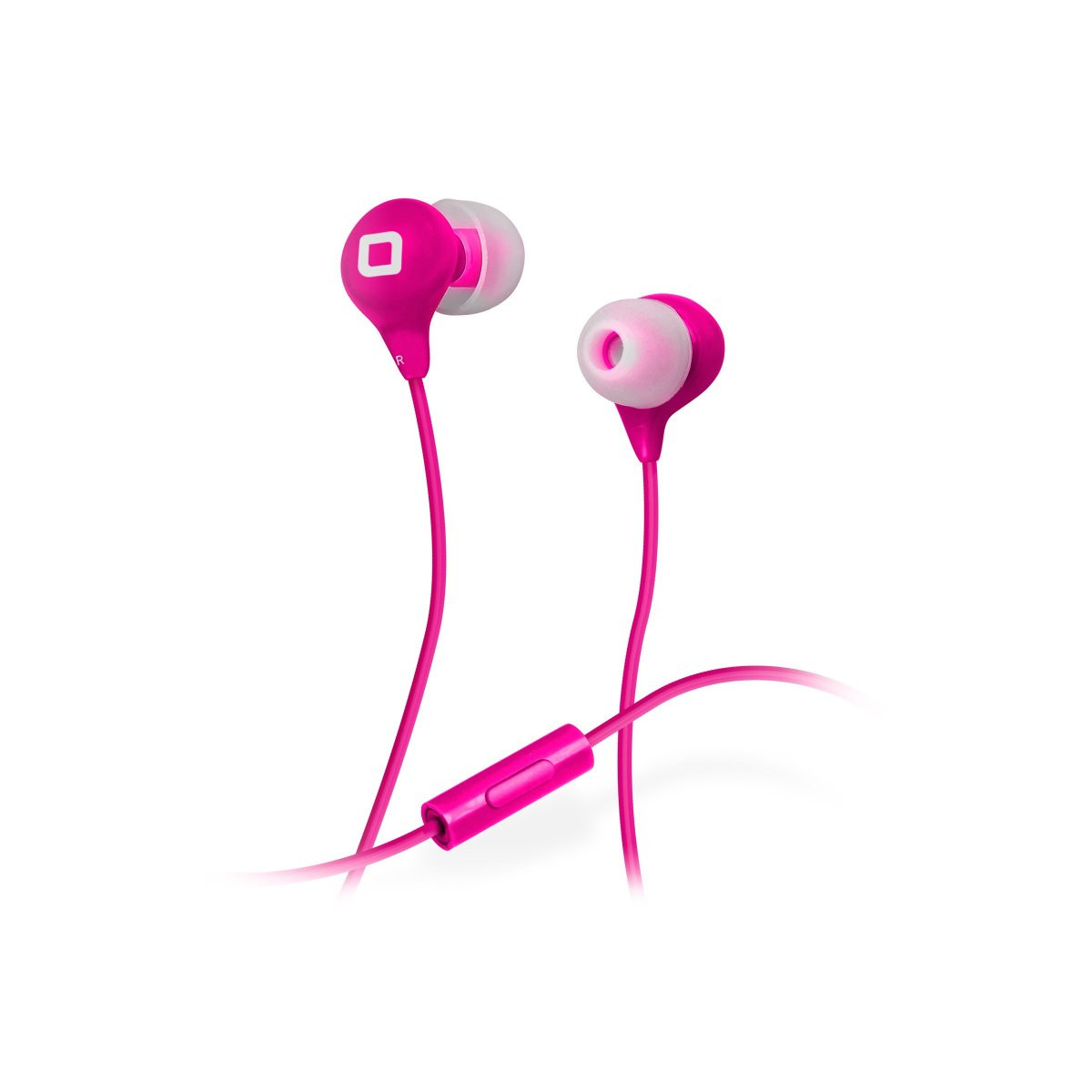 Auriculares fucsia con puntas blancas, un logo cuadrado en un audífono y un cable con control de volumen.