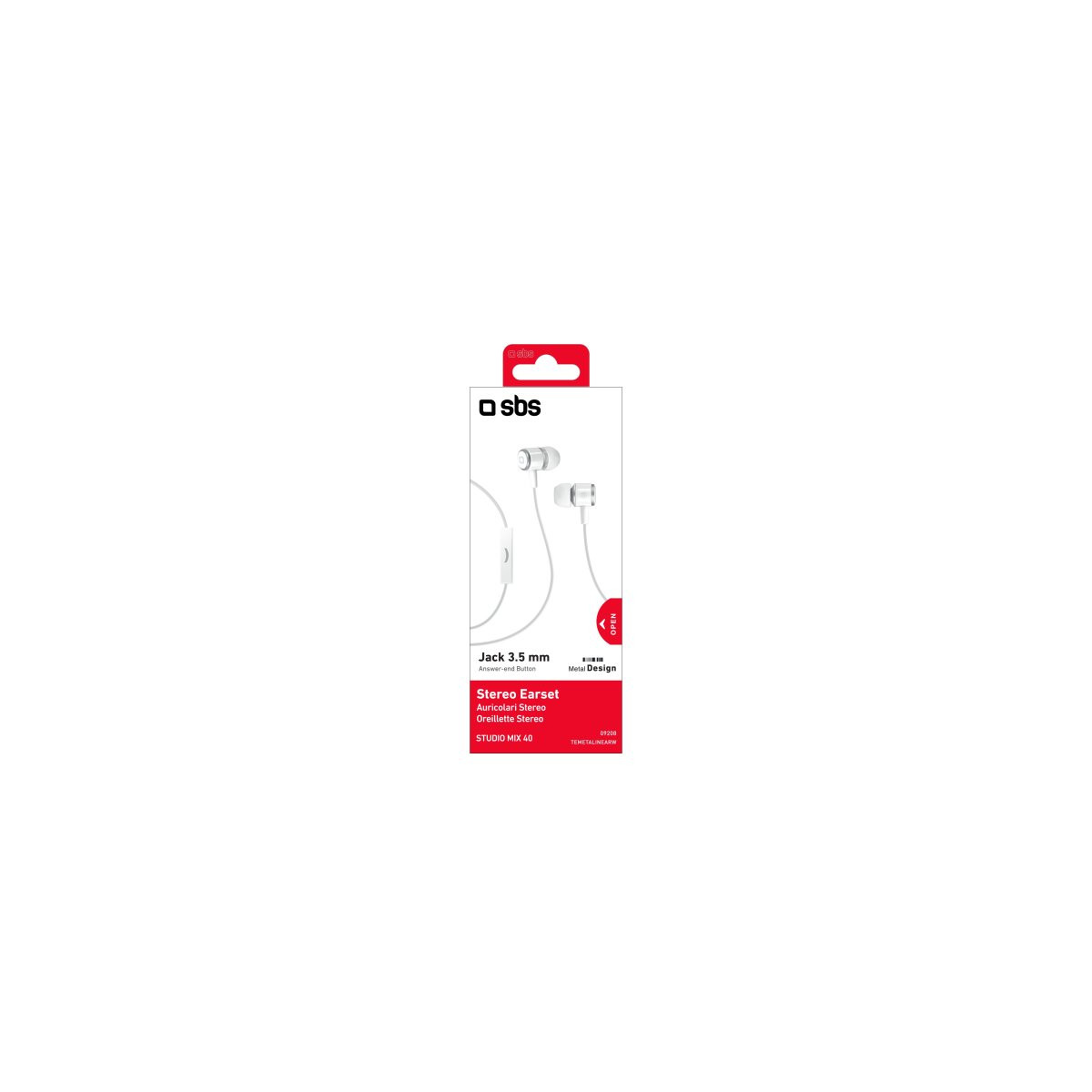 Paquete con auriculares blancos SBS y conector de 3,5 mm.
