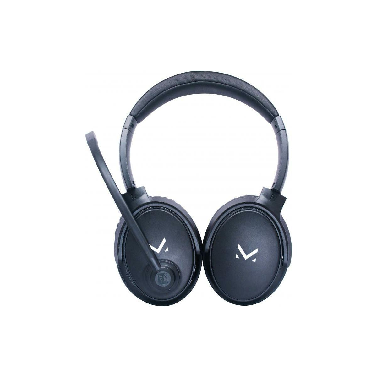 Cuffie nere over-ear con microfono e logo bianco su sfondo bianco.