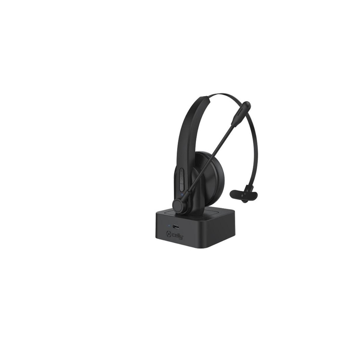 Un auricolare nero con microfono poggia sulla sua base di ricarica. La base ha un logo Celly.
