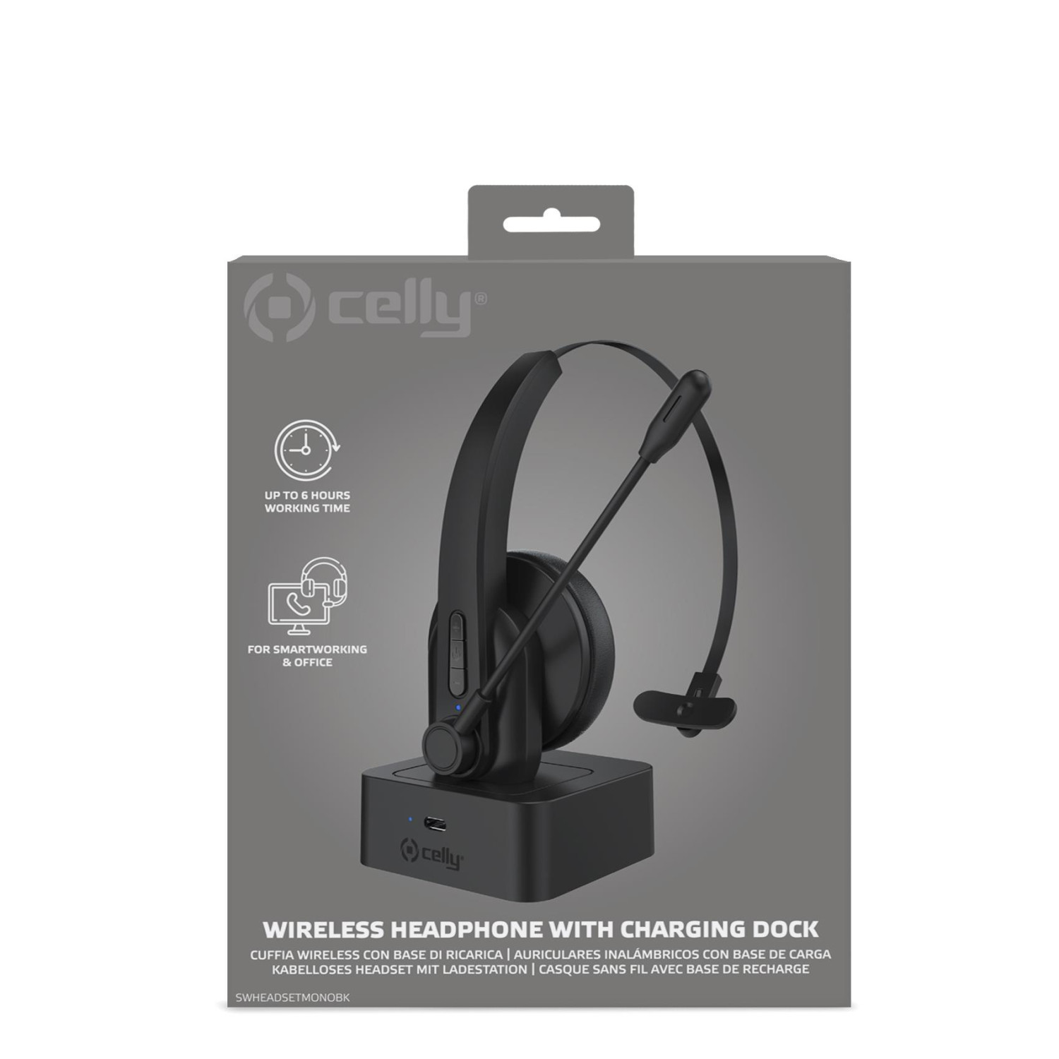 Cuffie wireless nere con microfono su base di ricarica, logo Celly.