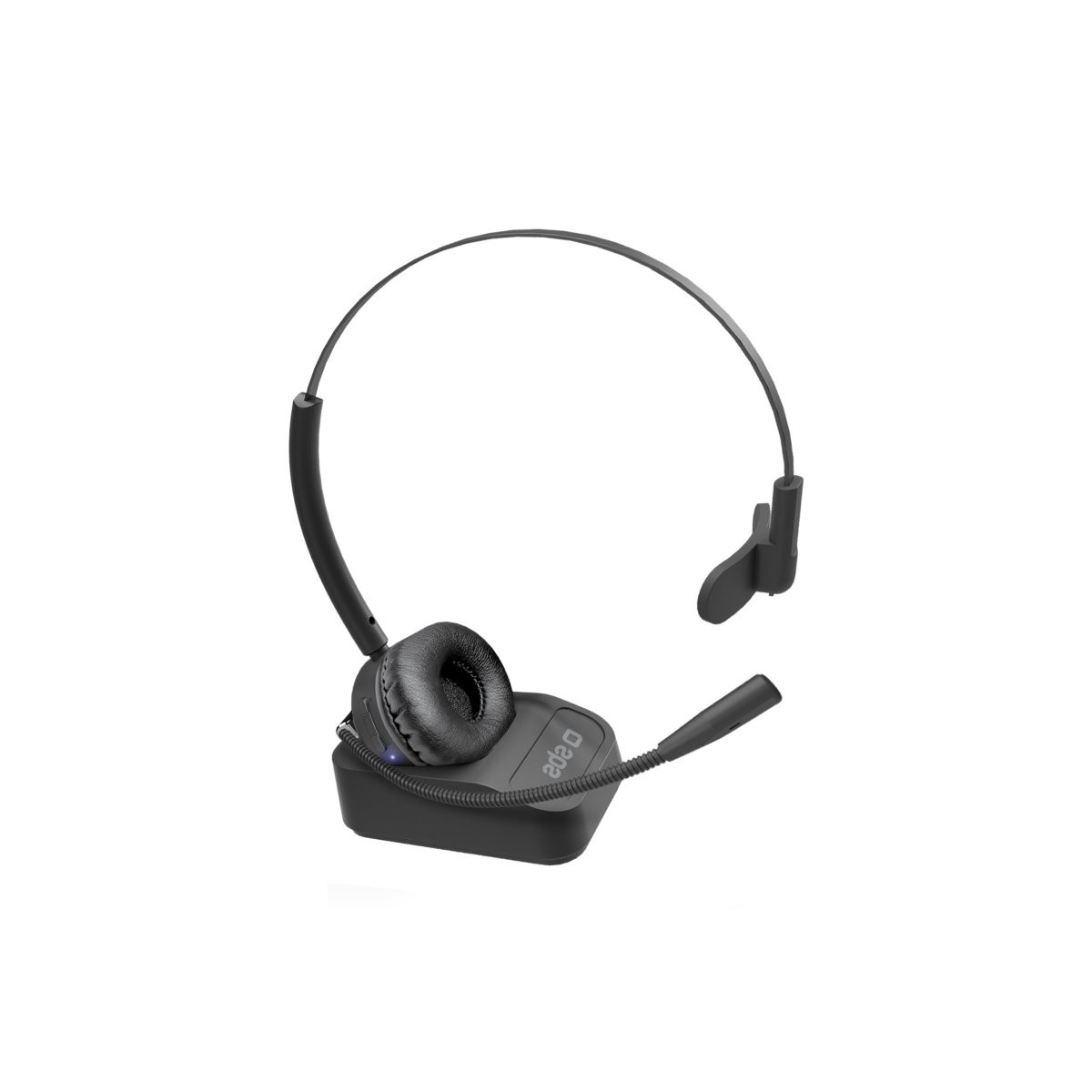 Auriculares inalámbricos negros con micrófono en base de carga.