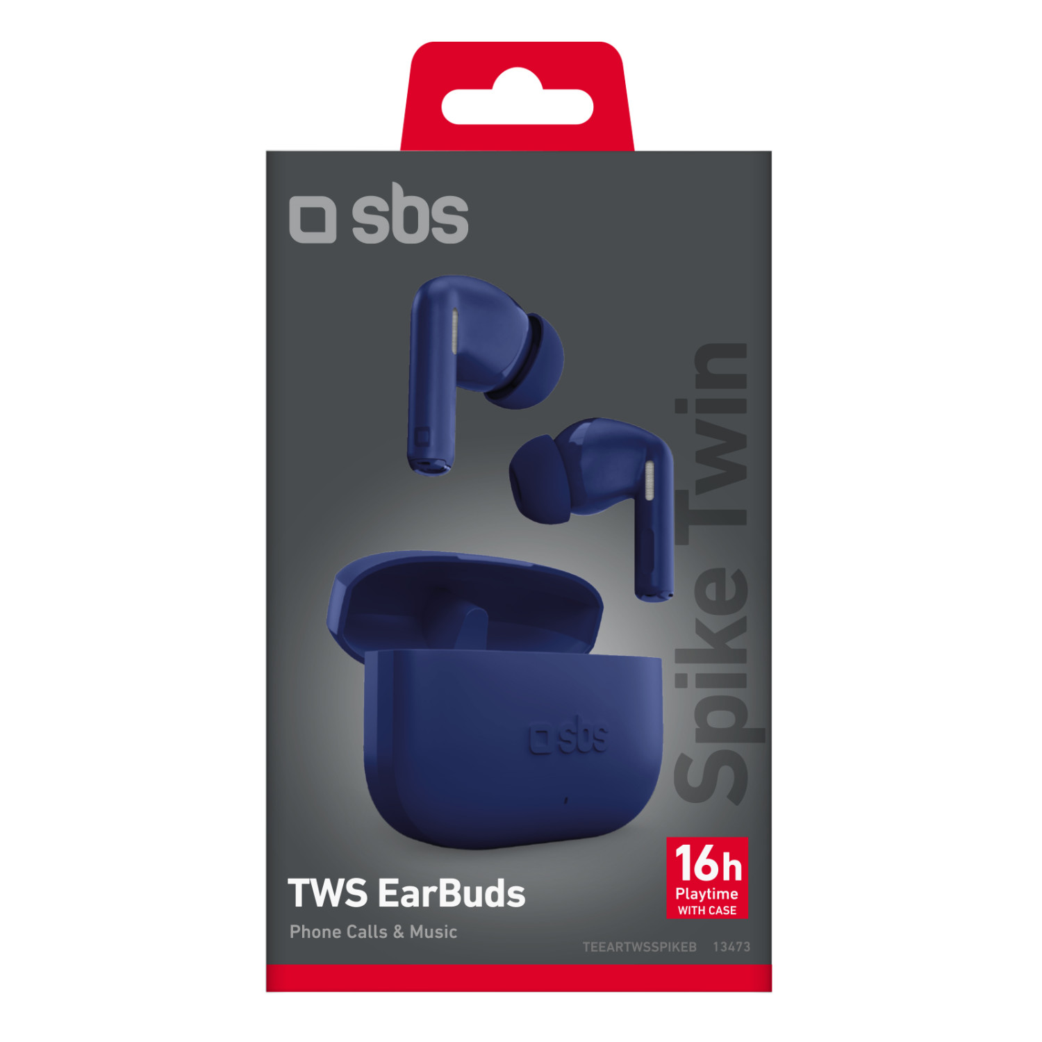 Confezione di auricolari TWS blu con custodia di ricarica, logo SBS e 'Spike Twin'.