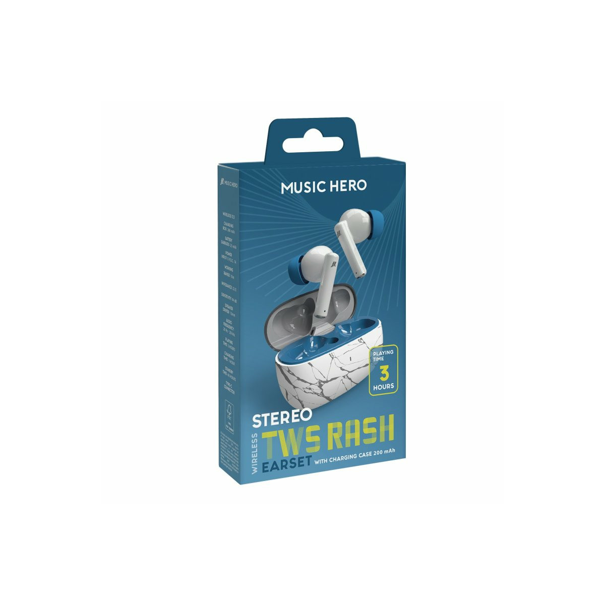 Una scatola per auricolari wireless bianchi e blu con custodia di ricarica effetto marmo.