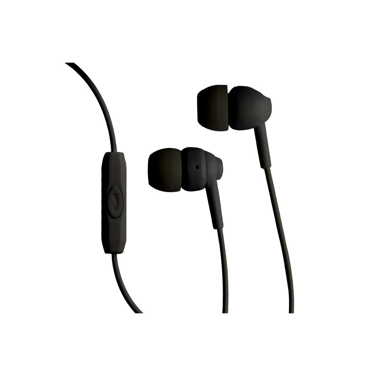 Auricolari neri con cavo e telecomando su sfondo bianco.