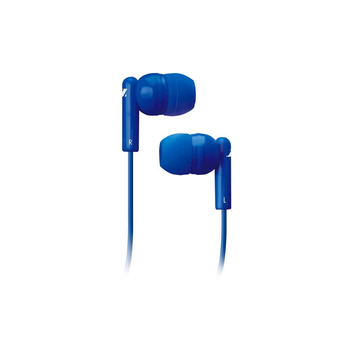 Ein Paar blaue In-Ear-Kopfhörer mit Kabel auf weißem Hintergrund.