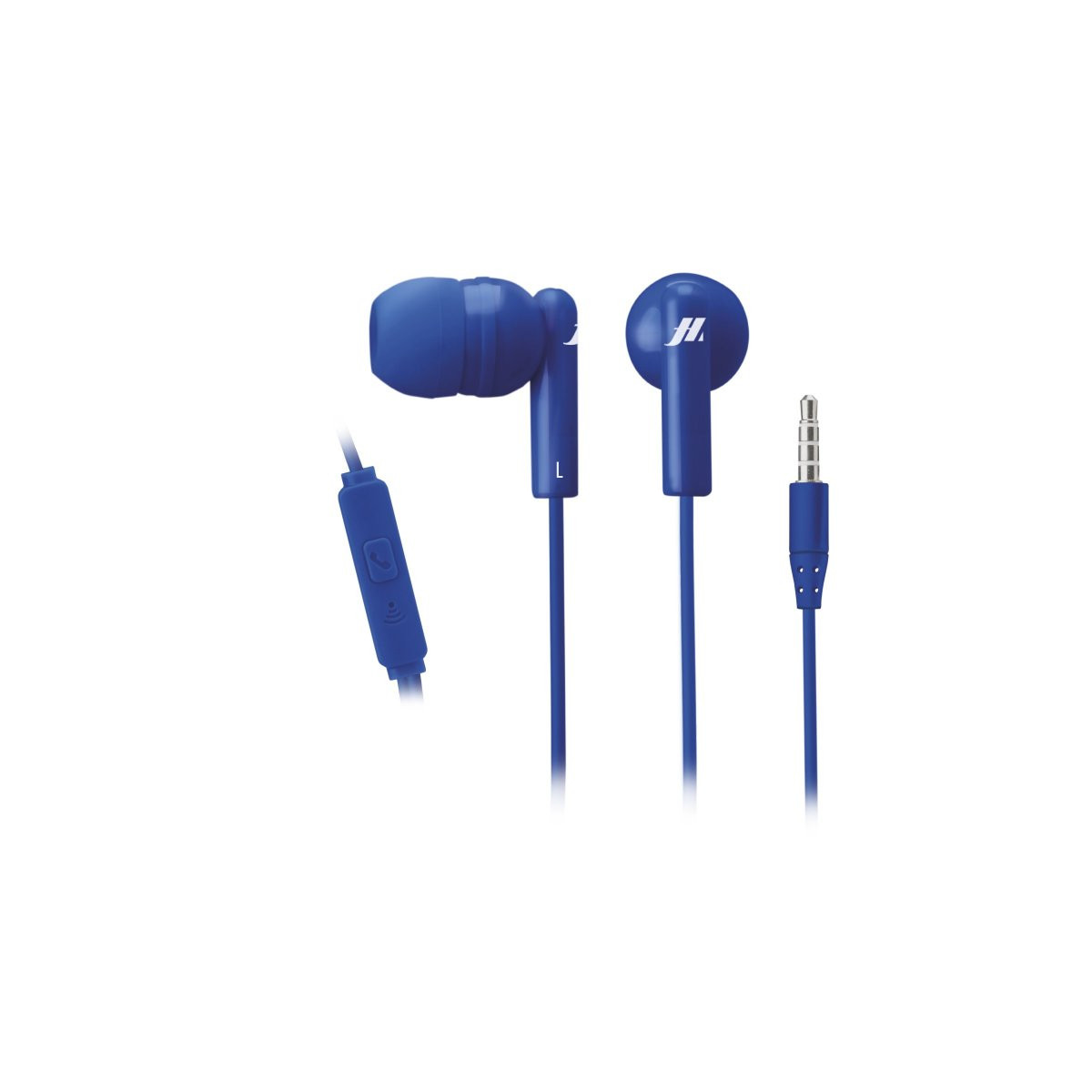 Blaue In-Ear-Kopfhörer mit Kabel, Mikrofon und 3,5-mm-Stecker.
