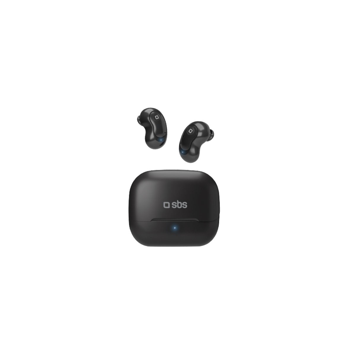 Auricolari wireless neri sopra una custodia di ricarica logo SBS.