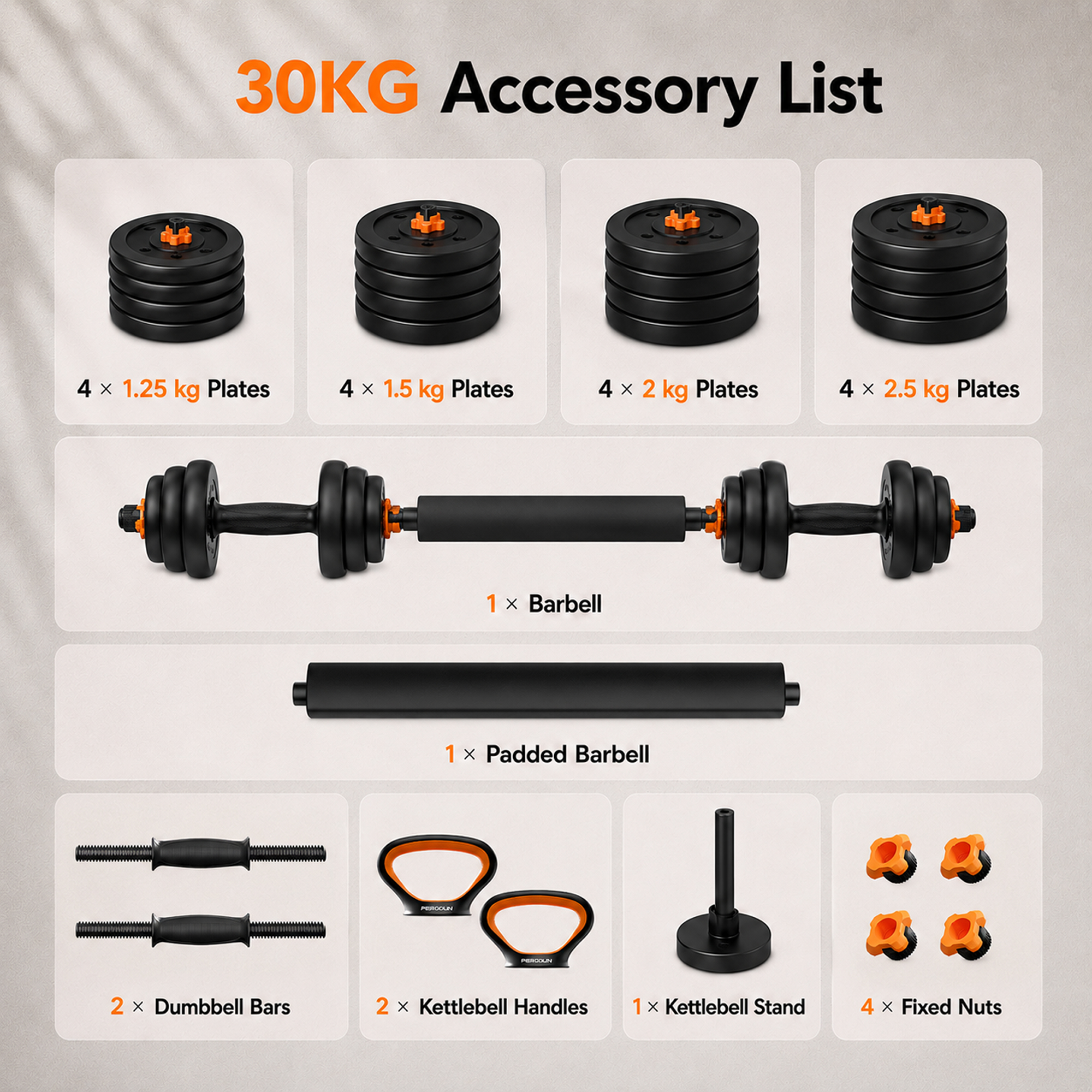Lista de accesorios de 30 kg: discos de pesas, barra, barras de mancuernas, asas de pesa rusa, soporte, tuercas.
