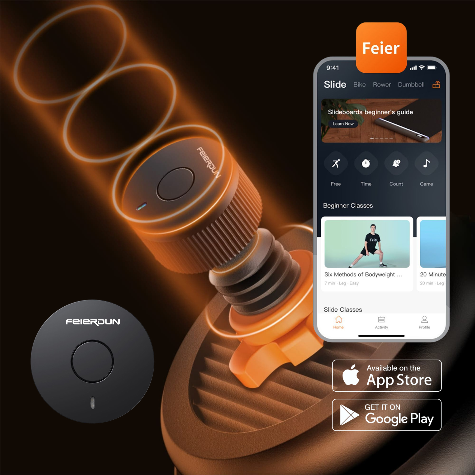 Un smartphone muestra una app de fitness con clases y opciones de entrenamiento.