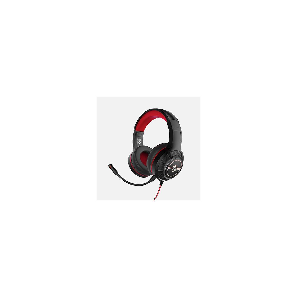 Schwarzer und roter Gaming-Headset mit flexiblem Mikrofon und geflochtenem Kabel.