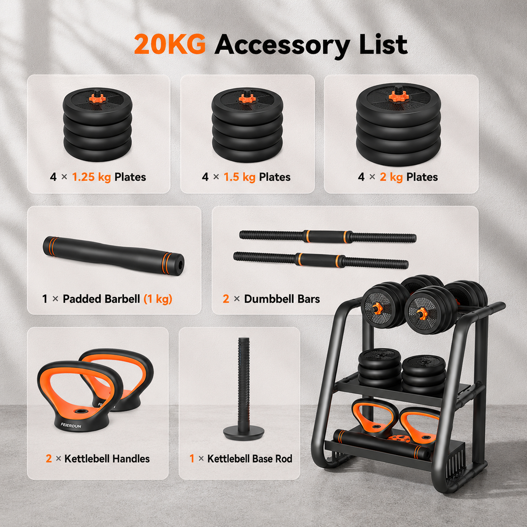 Lista de Accesorios de 20KG: Placas de 4x1,25kg, 4x1,5kg, 4x2kg, barra, mancuernas, asas, base.