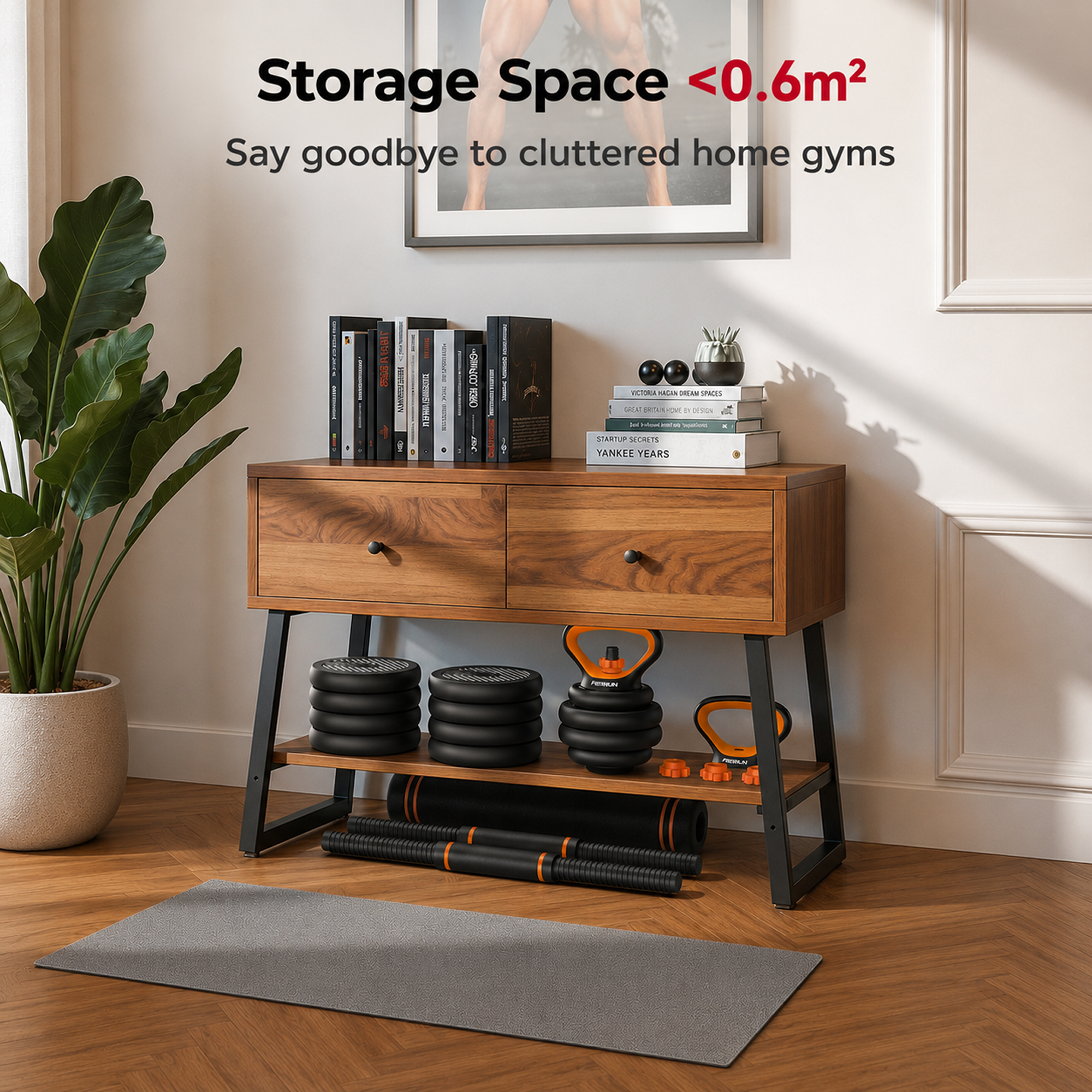 Mueble de madera con pesas, pesa rusa y esterilla de yoga para gimnasio.