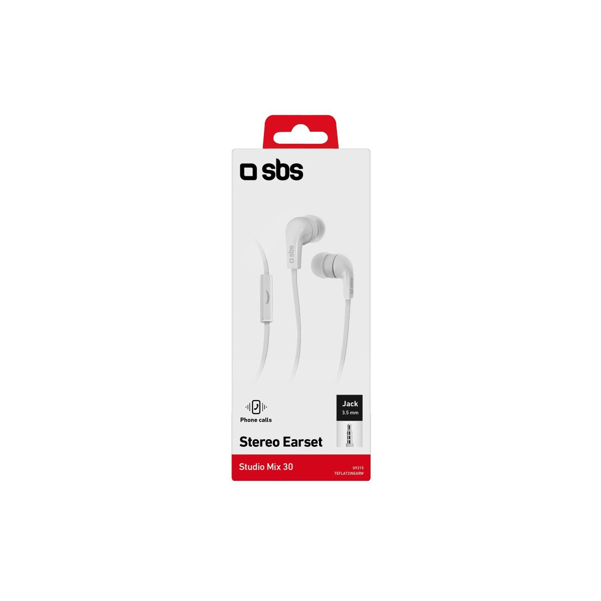 Verpackung mit weißen SBS-Kopfhörern, 3,5-mm-Klinkenanschluss und Telefonanruffunktion.