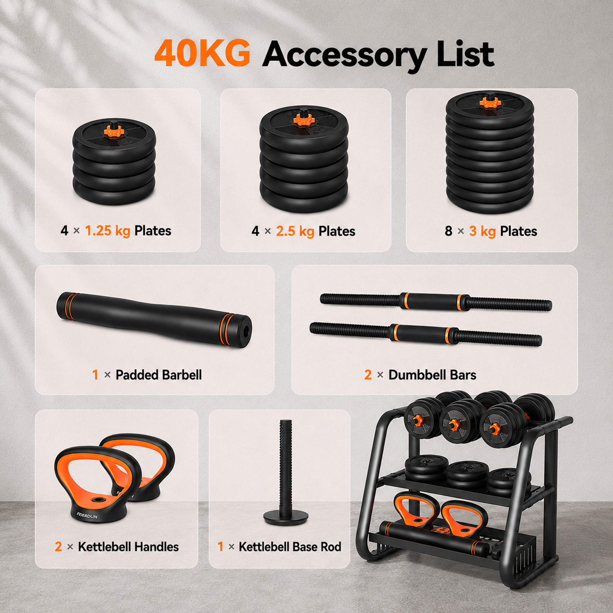 Lista de accesorios de 40 kg: discos de pesas, barra, barras de mancuernas, asas de pesa rusa.