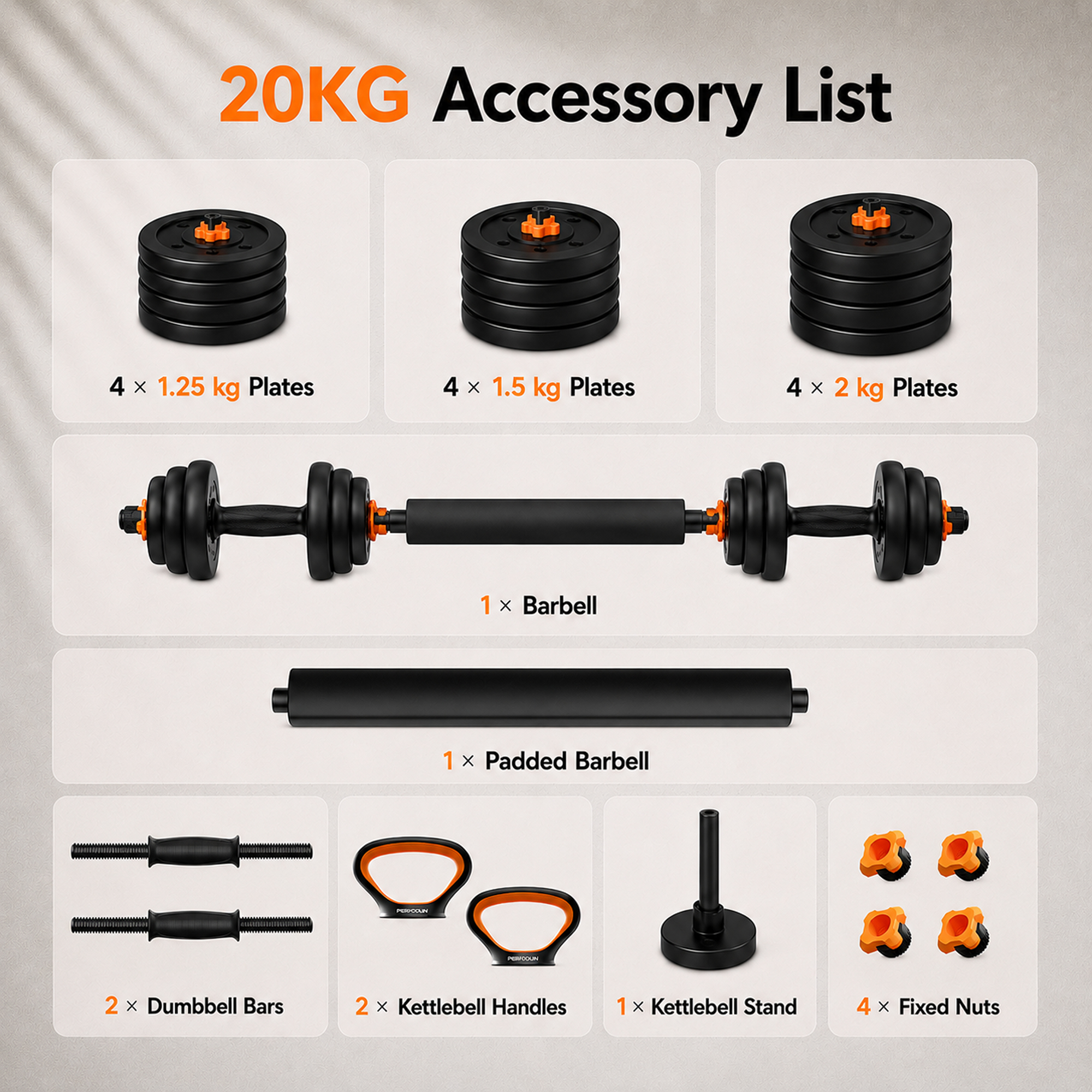 Lista de accesorios de 20 kg: discos, barra, barra acolchada, asas, soporte y tuercas.