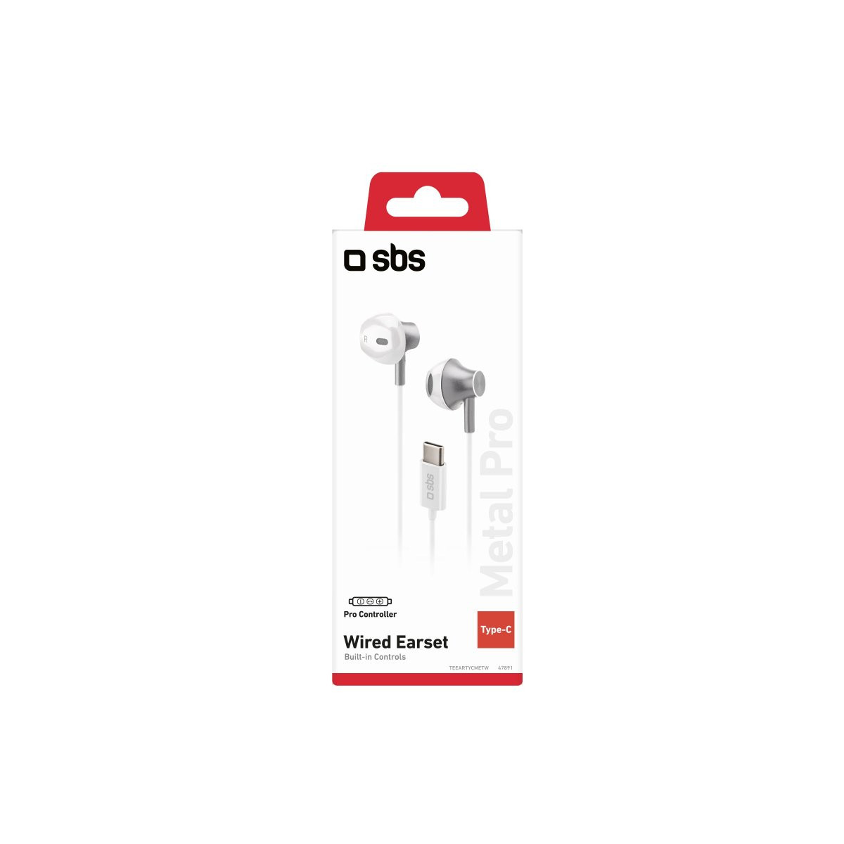 Auriculares blancos y grises con cable y conector Tipo-C en embalaje SBS.