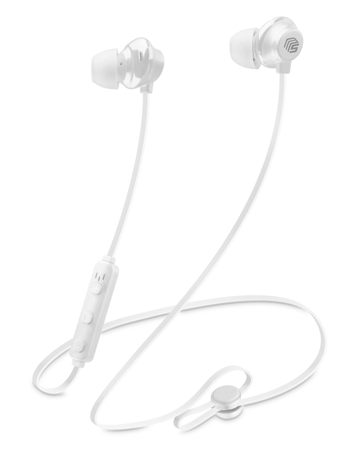 Auricolari bianchi in-ear con cavo e controlli.