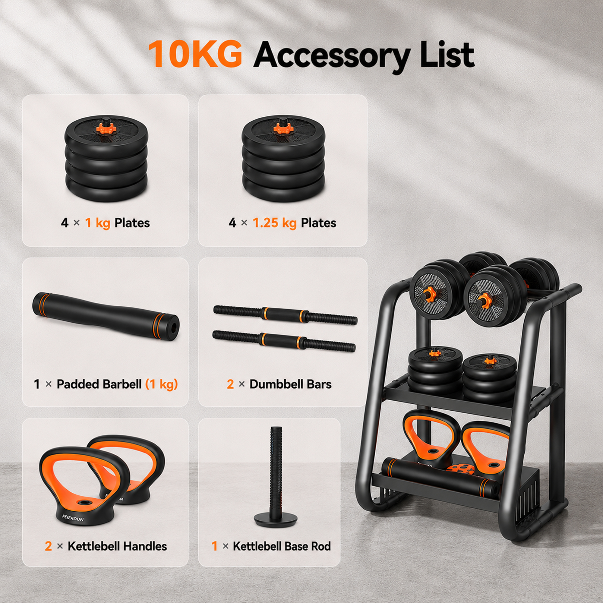 Lista de accesorios de 10 kg: discos, barra, mancuernas, asas y base de pesa rusa.