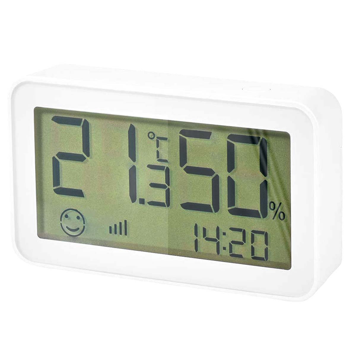 Een witte digitale thermometer toont 21,3 graden en 50% luchtvochtigheid.
