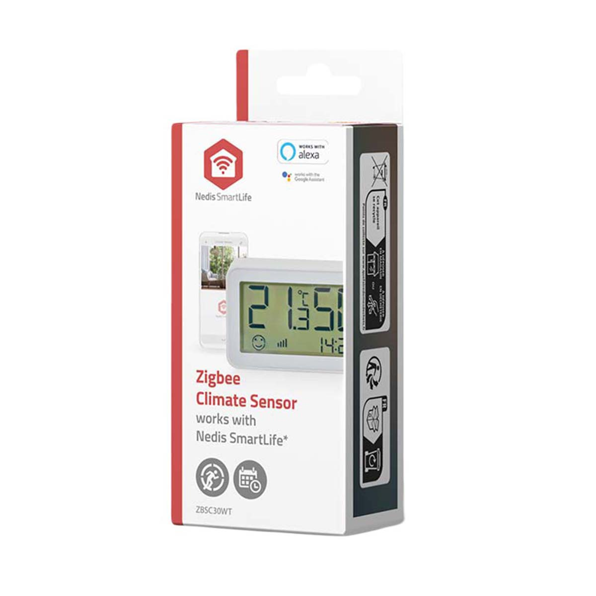 Verpakking van een Zigbee klimaat sensor, compatibel met Nedis SmartLife, Alexa, Google.