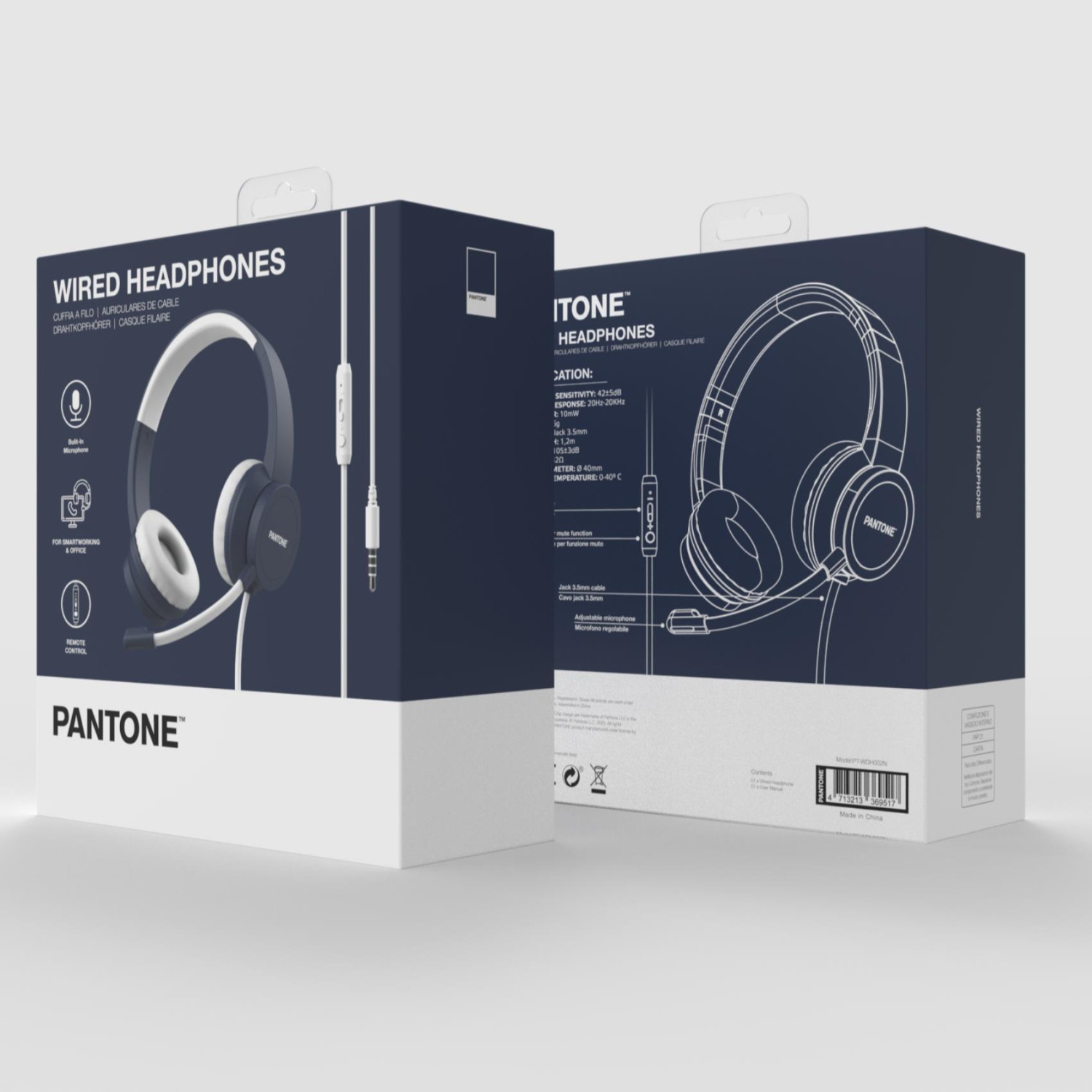 Zwei Pantone-Kopfhörer-Verpackungen nebeneinander, eine mit Produktabbildung.