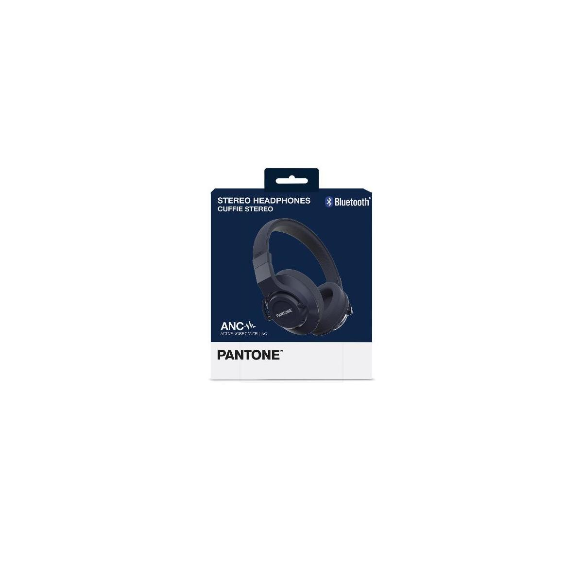 Verpackung für blaue PANTONE Kopfhörer mit ANC und Bluetooth.