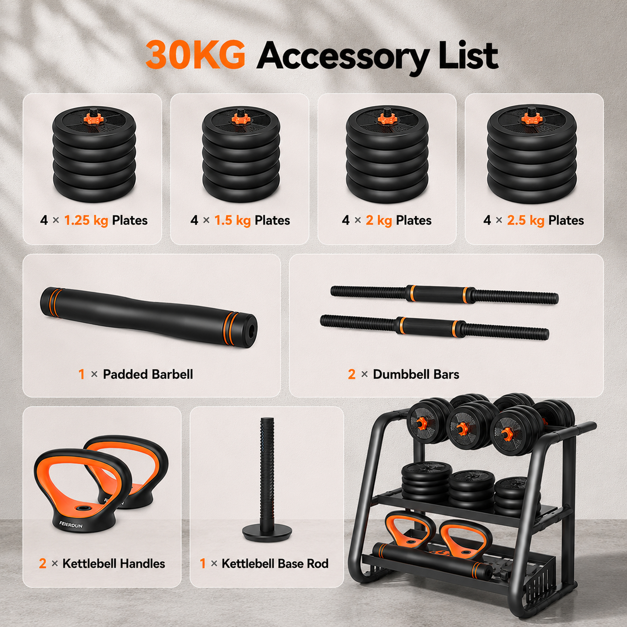 Lista de accesorios para un juego de mancuernas de 30 kg, mostrando discos, barras, barras de mancuernas y asas de pesa rusa.