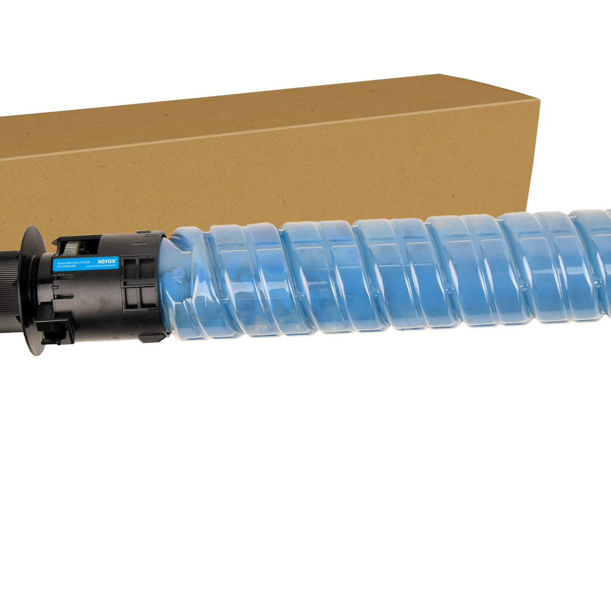 Xerox blauwe toner cartridge in een bruine doos.