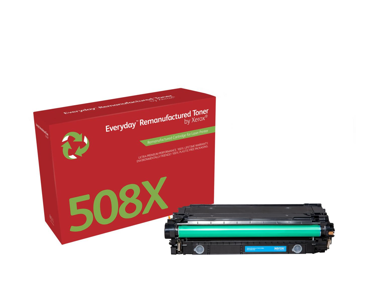 Scatola di toner Xerox 508X rossa accanto a una cartuccia toner nera con accenti verdi.