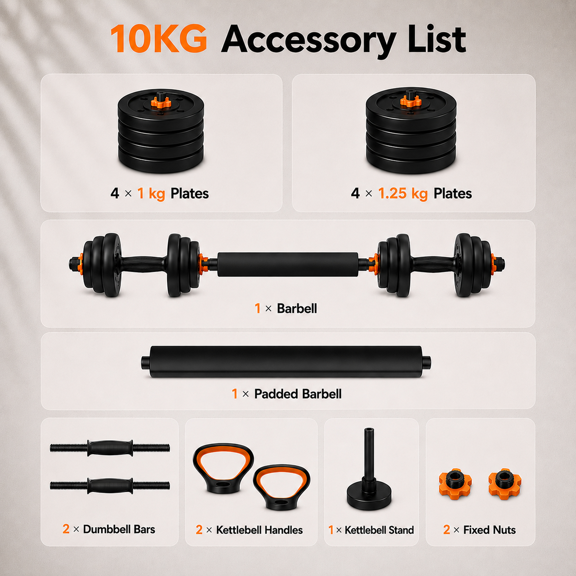 Lista de Accesorios de 10 kg: Incluye discos de pesas, barra, barra acolchada, barras de mancuernas y asas de pesa rusa.