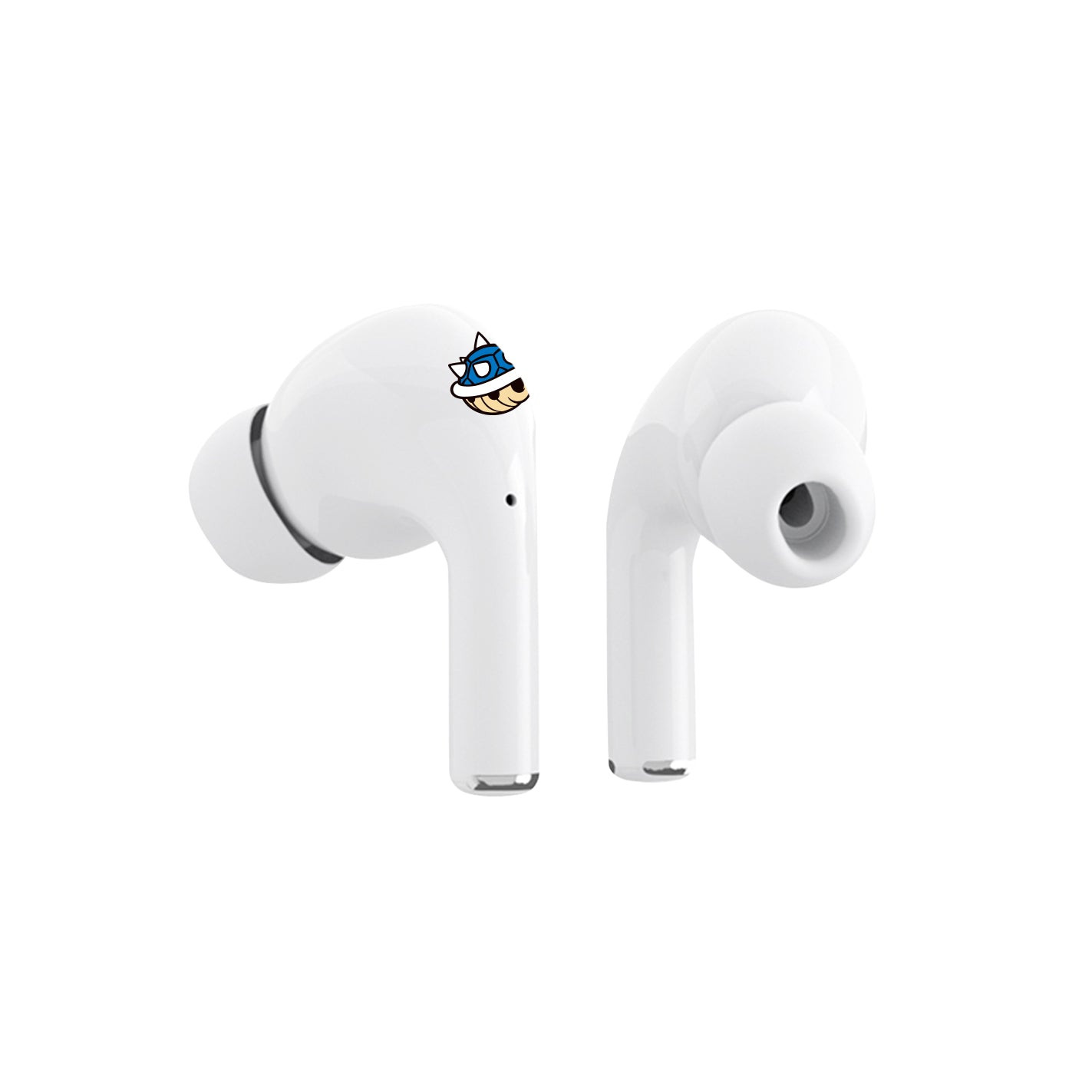 Due auricolari wireless bianchi, uno con un adesivo a guscio di Koopa blu.