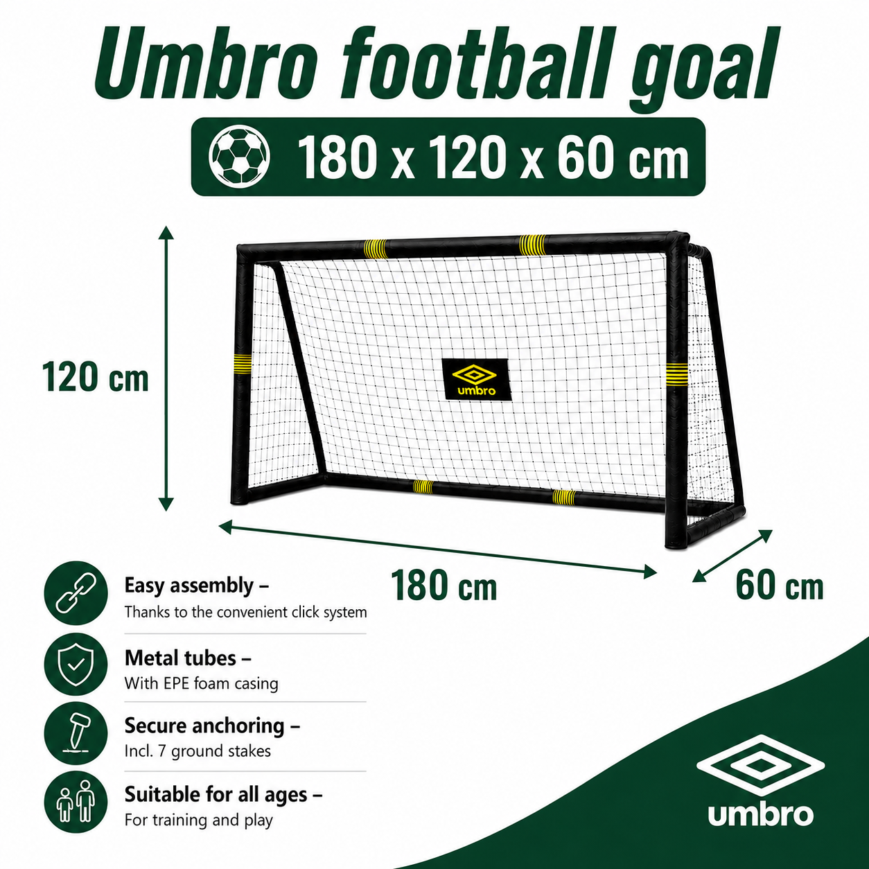 Umbro football goal 180x120x60cm with net and assembly details.