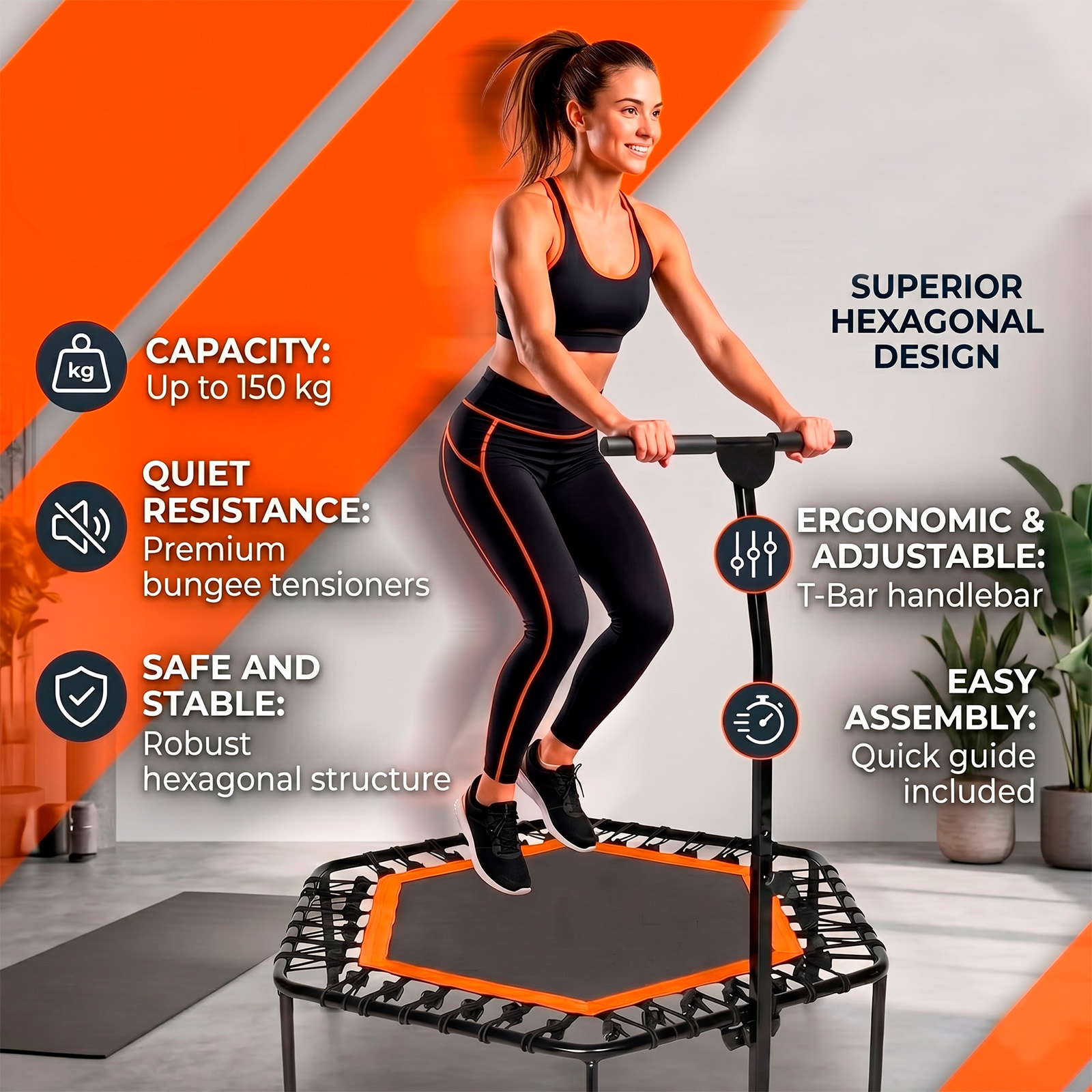 Mujer saltando en un trampolín negro con acolchado naranja y barra en T.