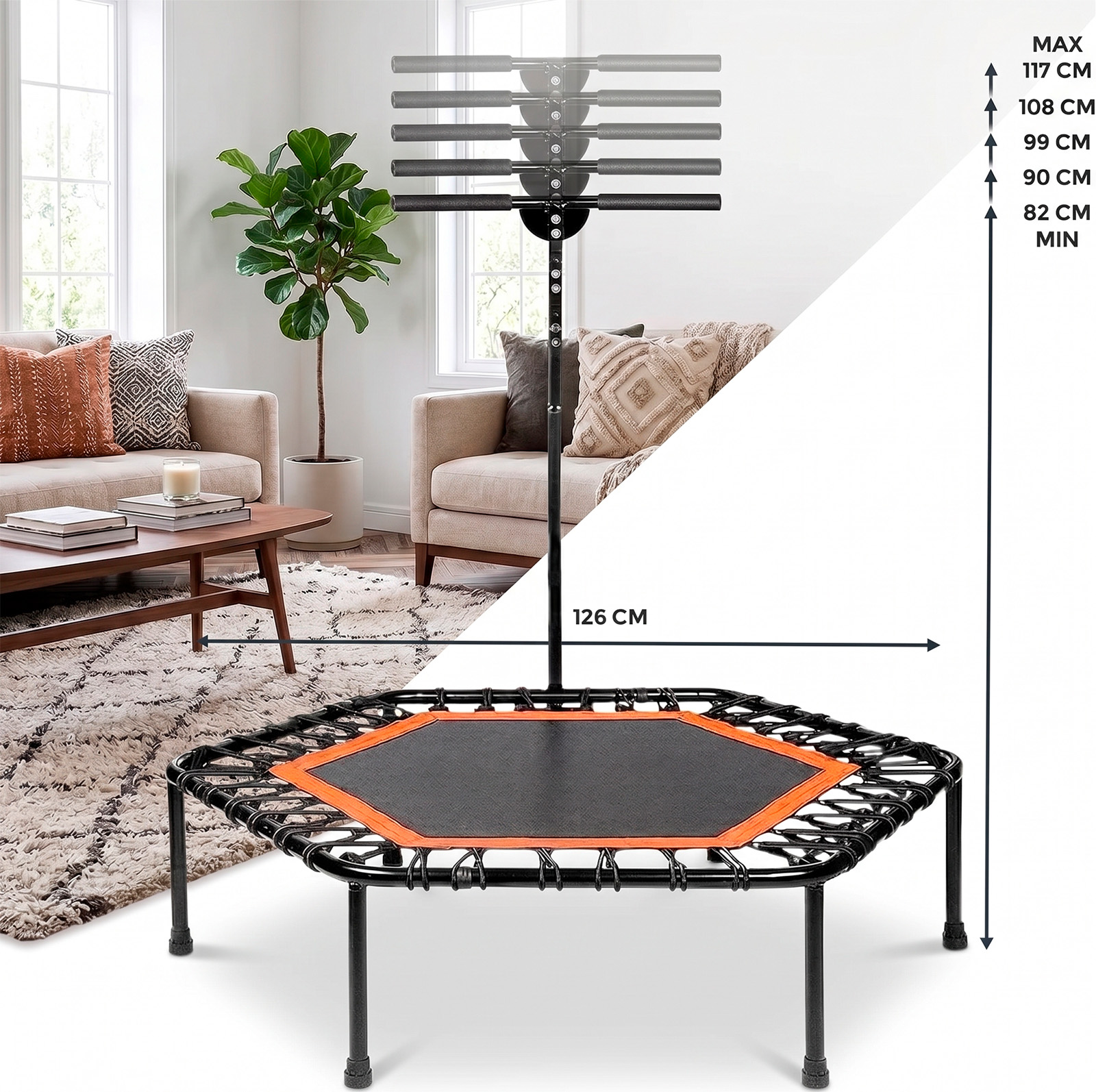 Un trampolín rectangular con borde naranja y asa ajustable en una sala de estar.