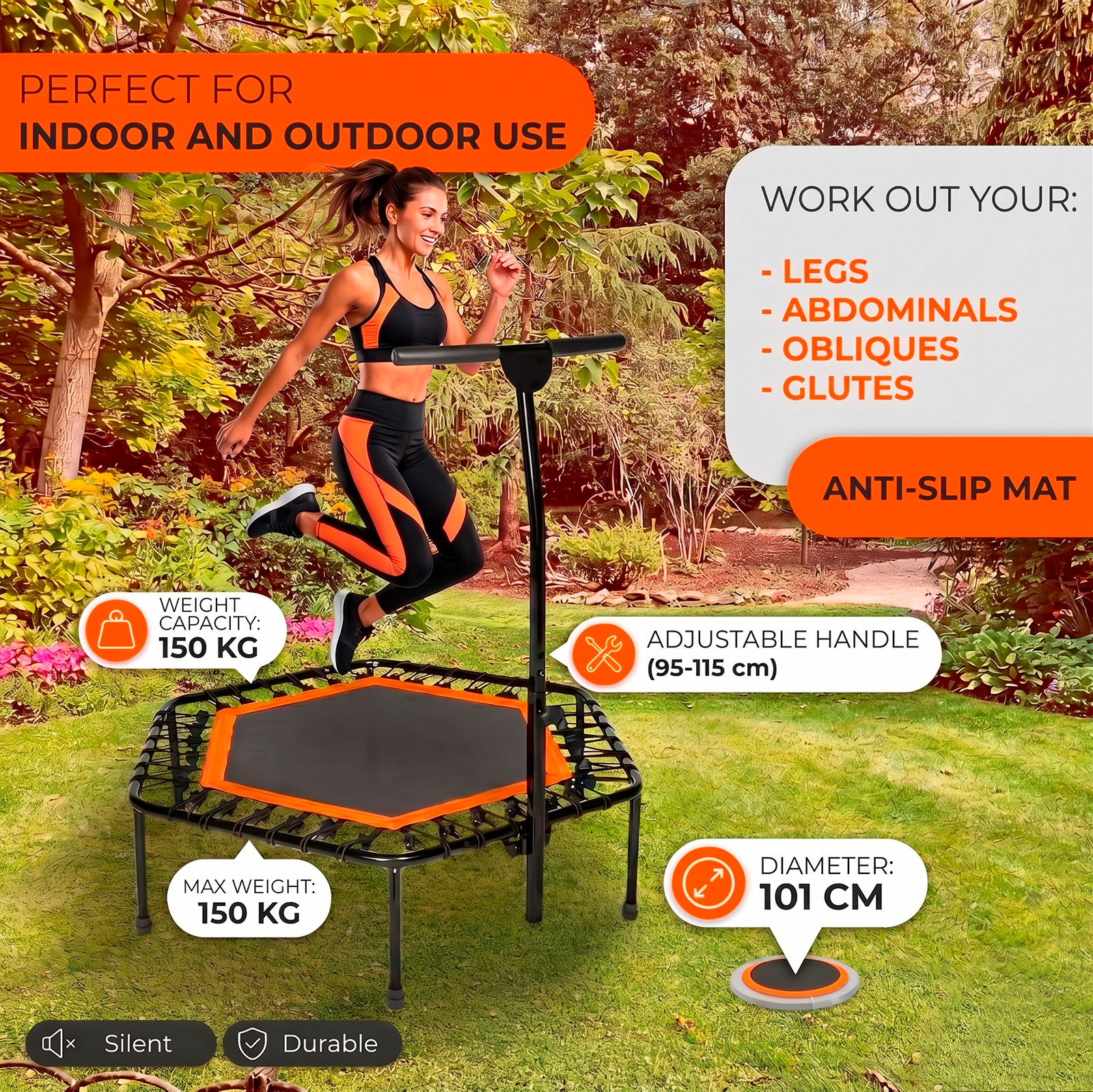 Mujer saltando en un trampolín hexagonal al aire libre con información.