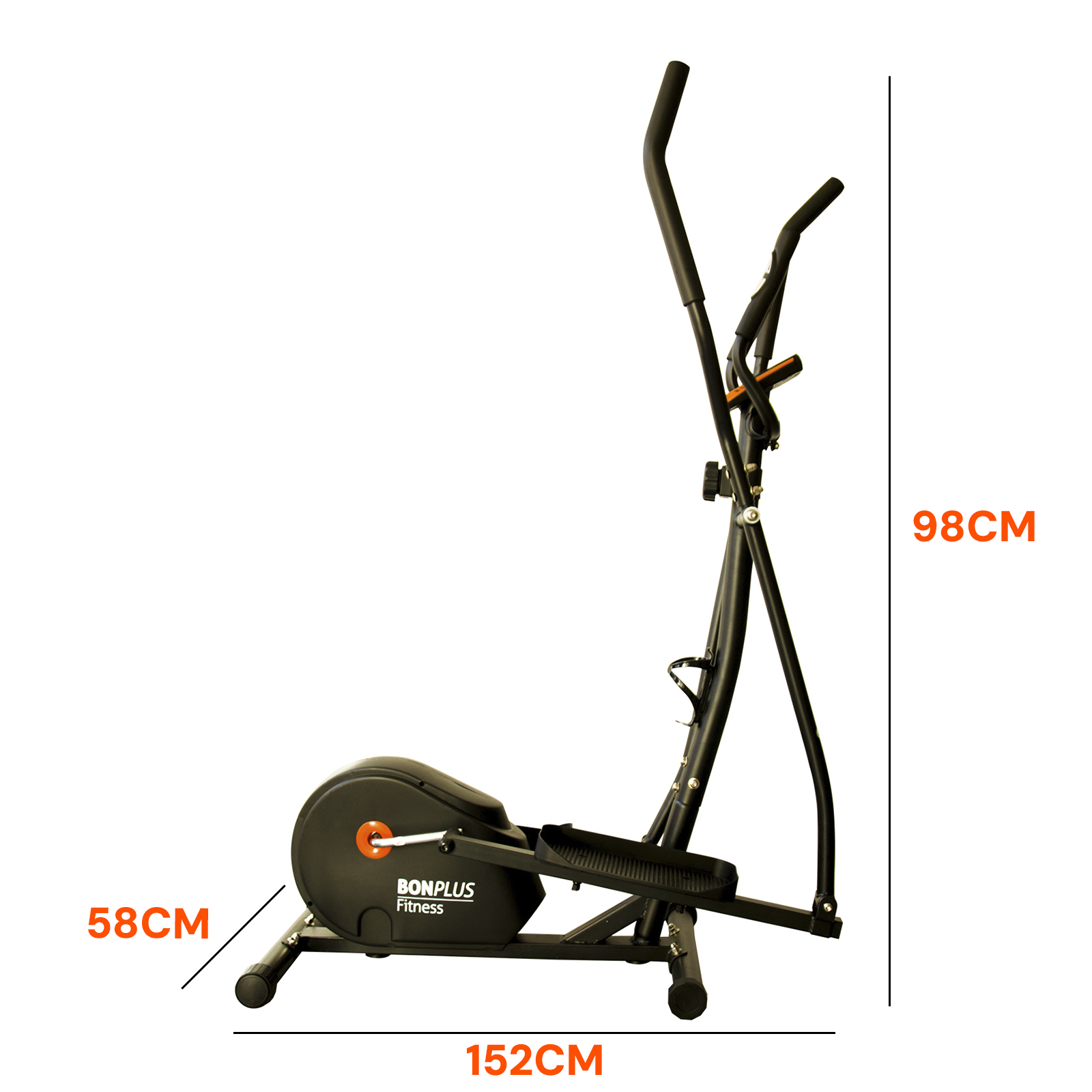 Máquina elíptica negra Bonplus Fitness, medidas 152x58x98cm.