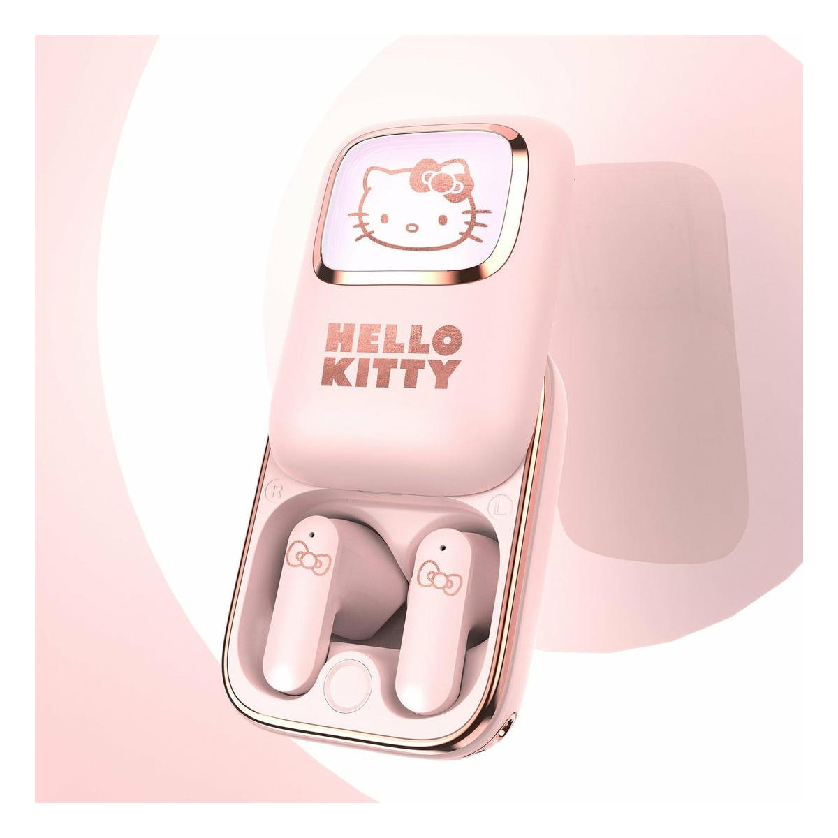 Roze Hello Kitty oplaadcase met twee oordopjes, met Hello Kitty design.