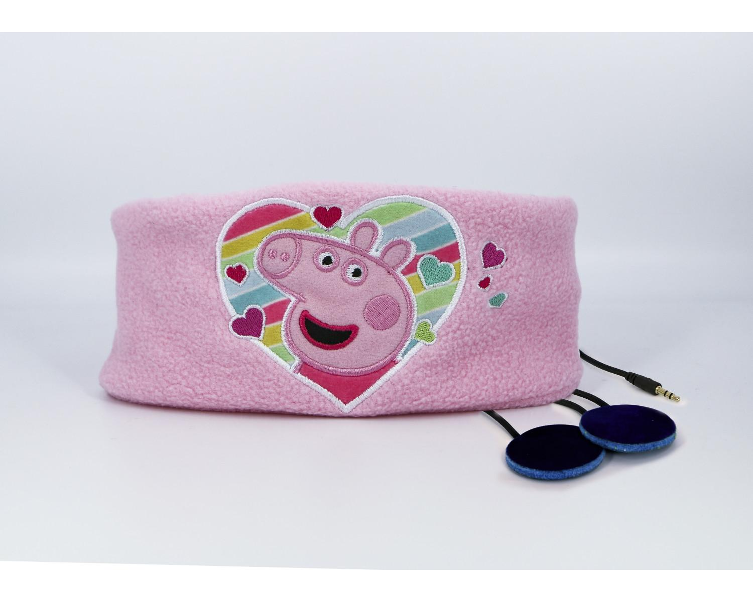 Ein rosafarbener Kopfbügel mit Peppa Wutz-Motiv und integrierten Kopfhörern.