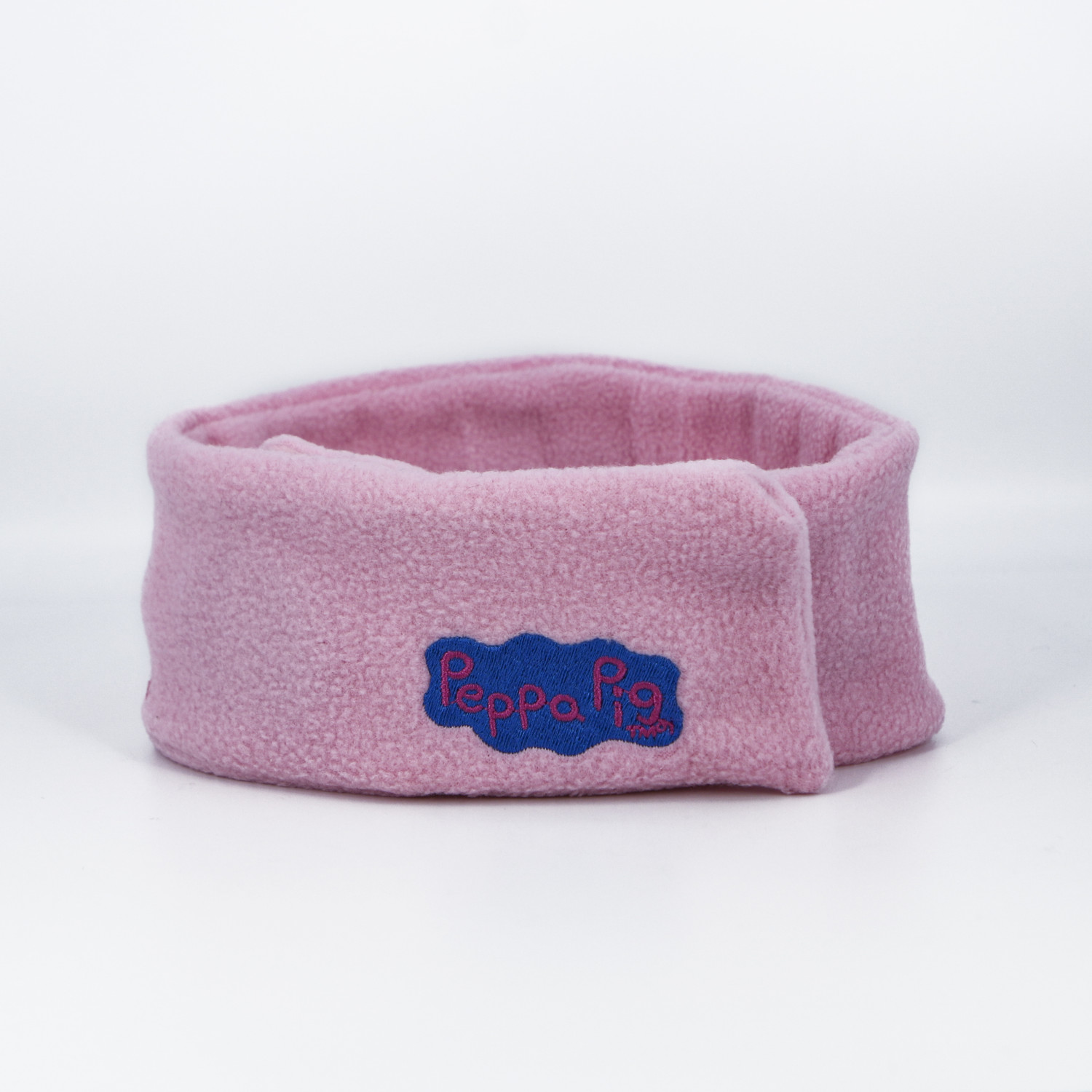Ein rosa Fleece-Stirnband mit dem Peppa Pig-Logo.
