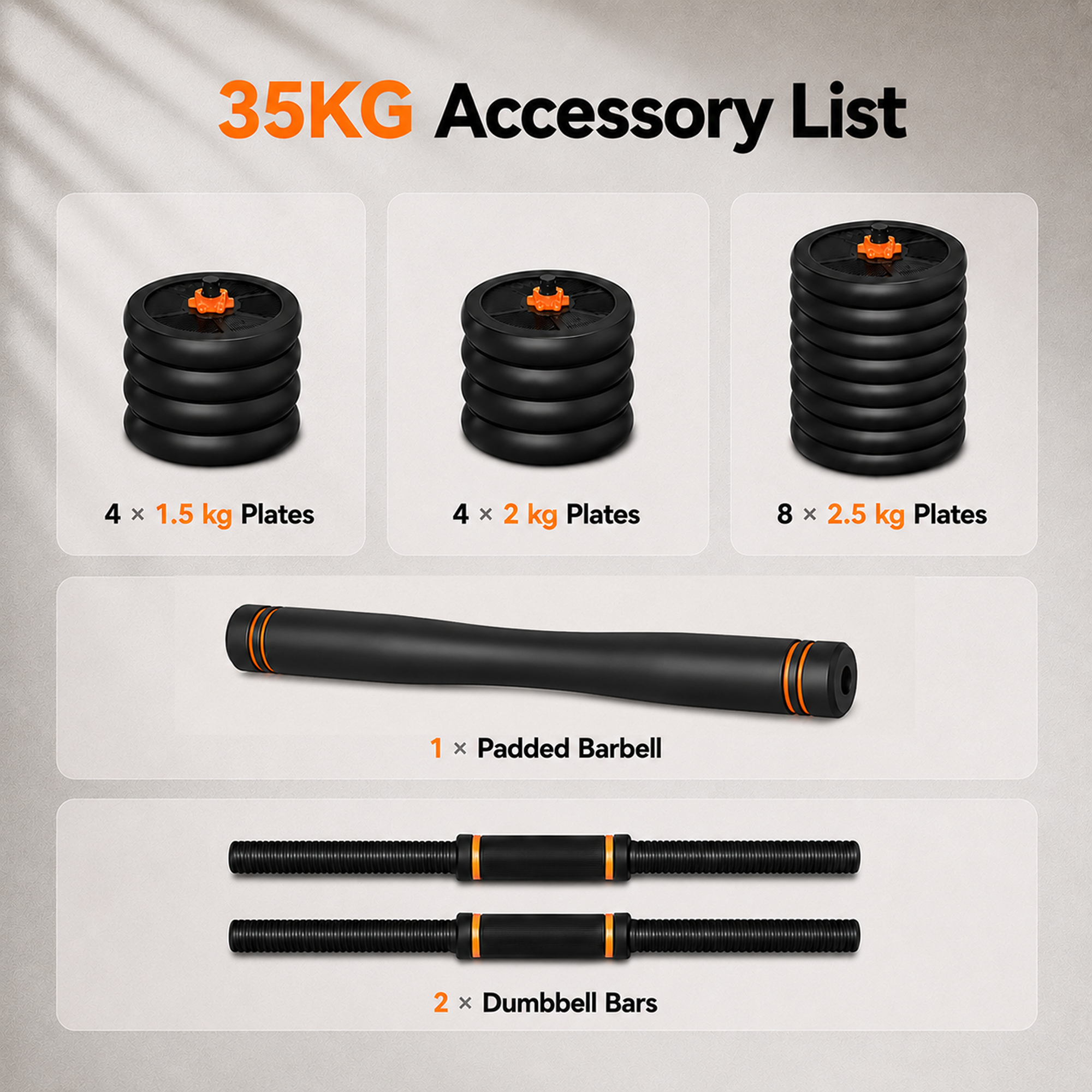 Lista de accesorios de 35 kg: discos de pesas, barra acolchada y barras de mancuerna.