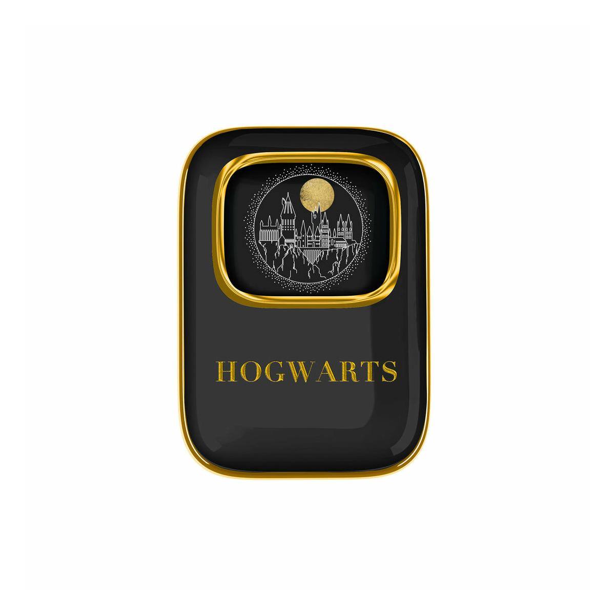 Black case with gold trim, showing Hogwarts castle and moon.